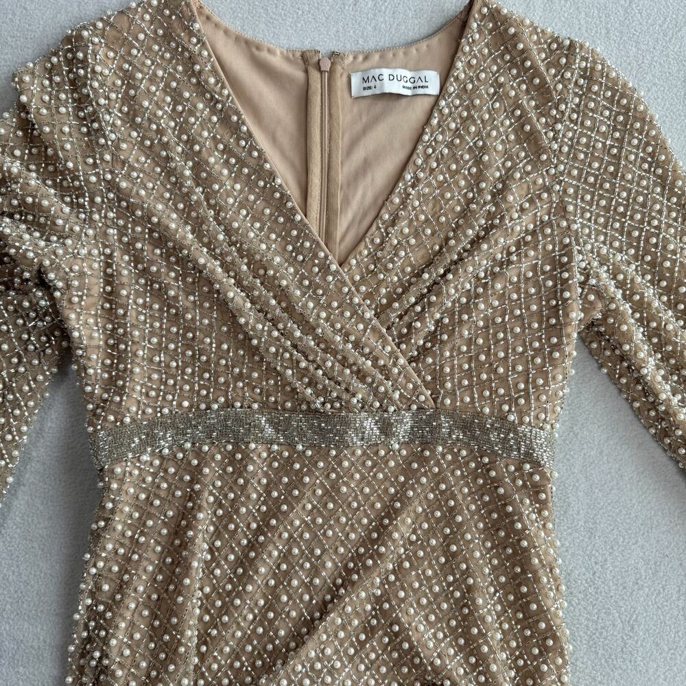 Mac Duggal 10062 Beige Size 4 Wrap Over Pearl Gown Beaded Bishop Sleeves NWT - Picture 6 of 16